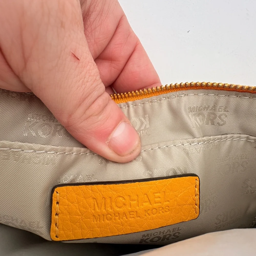 Michael Kors Fulton Orange Pebbled Leather Wristlet Gold MK Logo Zip Clutch‎
